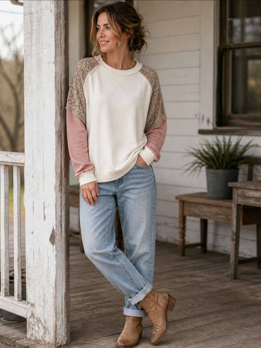 BKE Lace Patchwork Sweatshirt Boho Crocket Colorblock Pullover Cream Pink Size L
